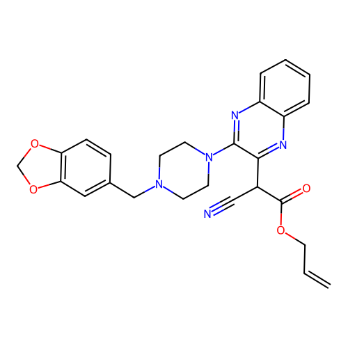 allyl 2-(3-(4-(benzo[d][1,3]dioxol-5-ylmethyl)piperazin-1-yl)quinoxalin-2-yl)-2-cyanoacetate structure
