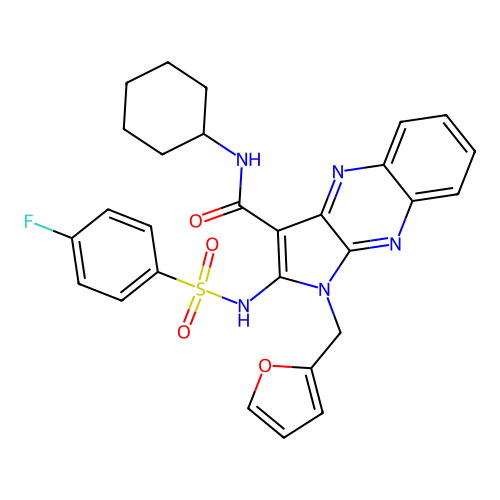 N-cyclohexyl-2-(4-fluorophenylsulfonamido)-1-(furan-2-ylmethyl)-1H-pyrrolo[2,3-b]quinoxaline-3-carboxamide structure
