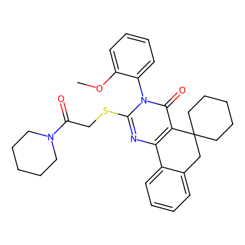 3-(2-methoxyphenyl)-2-((2-oxo-2-(piperidin-1-yl)ethyl)thio)-3H-spiro[benzo[h]quinazoline-5,1'-cyclohexan]-4(6H)-one structure