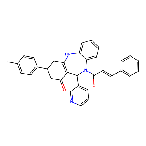 (2E)-1-[1-hydroxy-3-(4-methylphenyl)-11-(pyridin-3-yl)-2,3,4,11-tetrahydro-10H-dibenzo[b,e][1,4]diazepin-10-yl]-3-phenylprop-2-en-1-one structure