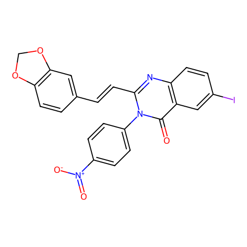 (E)-2-(2-(benzo[d][1,3]dioxol-5-yl)vinyl)-6-iodo-3-(4-nitrophenyl)quinazolin-4(3H)-one structure
