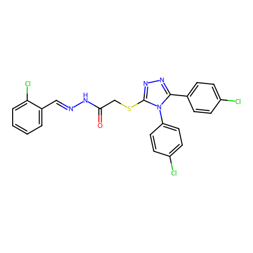(E)-2-((4,5-bis(4-chlorophenyl)-4H-1,2,4-triazol-3-yl)thio)-N'-(2-chlorobenzylidene)acetohydrazide structure