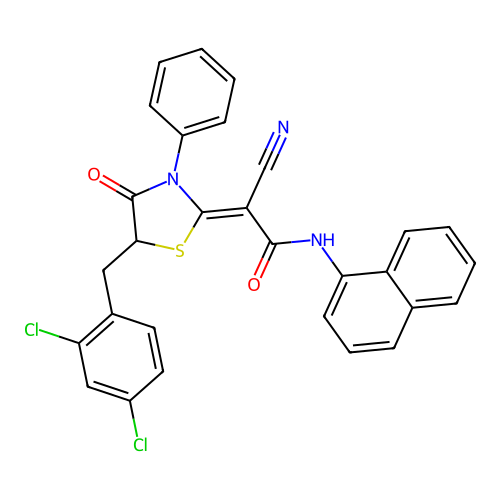 (2Z)-2-cyano-2-[5-(2,4-dichlorobenzyl)-4-oxo-3-phenyl-1,3-thiazolidin-2-ylidene]-N-(naphthalen-1-yl)ethanamide structure