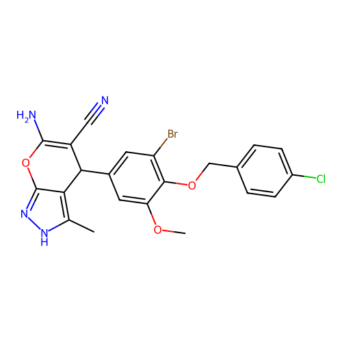 6-amino-4-(3-bromo-4-((4-chlorobenzyl)oxy)-5-methoxyphenyl)-3-methyl-1,4-dihydropyrano[2,3-c]pyrazole-5-carbonitrile structure