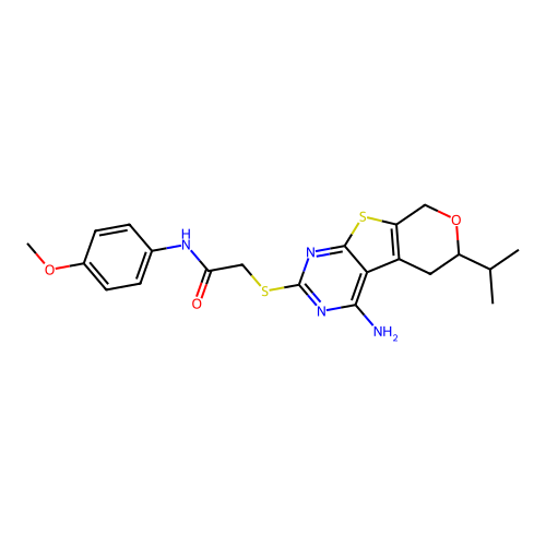 2-((4-amino-6-isopropyl-6,8-dihydro-5H-pyrano[4',3':4,5]thieno[2,3-d]pyrimidin-2-yl)thio)-N-(4-methoxyphenyl)acetamide structure
