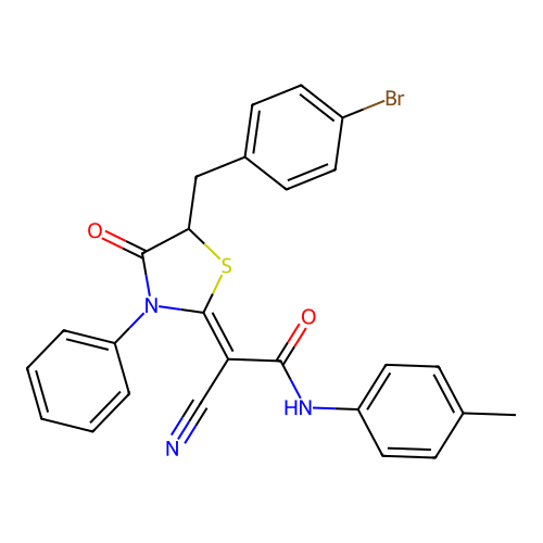 (Z)-2-(5-(4-bromobenzyl)-4-oxo-3-phenylthiazolidin-2-ylidene)-2-cyano-N-(p-tolyl)acetamide structure