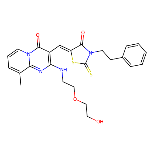 2-{[2-(2-hydroxyethoxy)ethyl]amino}-9-methyl-3-{(Z)-[4-oxo-3-(2-phenylethyl)-2-thioxo-1,3-thiazolidin-5-ylidene]methyl}-4H-pyrido[1,2-a]pyrimidin-4-one structure