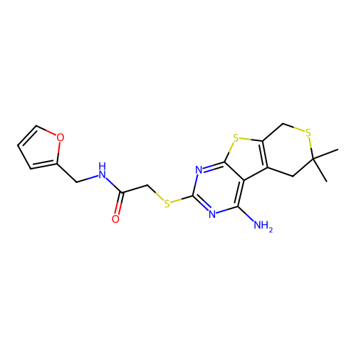 2-((4-amino-6,6-dimethyl-6,8-dihydro-5H-thiopyrano[4',3':4,5]thieno[2,3-d]pyrimidin-2-yl)thio)-N-(furan-2-ylmethyl)acetamide structure