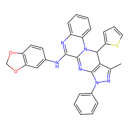 N-(1,3-benzodioxol-5-yl)-10-methyl-8-phenyl-11-(thiophen-2-yl)-8,11-dihydropyrazolo[3',4':4,5]pyrimido[1,2-a]quinoxalin-6-amine structure