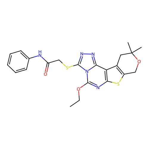 2-((5-ethoxy-10,10-dimethyl-10,11-dihydro-8H-pyrano[4',3':4,5]thieno[3,2-e][1,2,4]triazolo[4,3-c]pyrimidin-3-yl)thio)-N-phenylacetamide structure