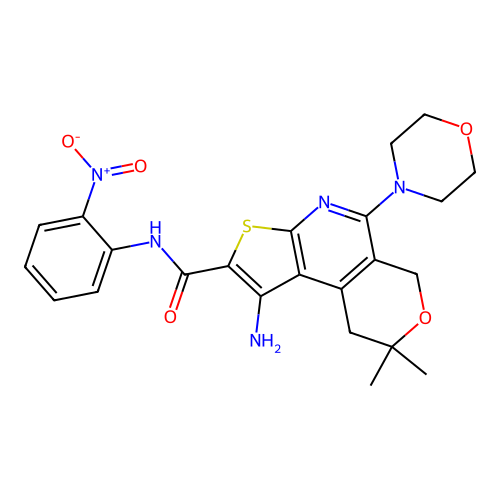 1-amino-8,8-dimethyl-5-(morpholin-4-yl)-N-(2-nitrophenyl)-8,9-dihydro-6H-pyrano[4,3-d]thieno[2,3-b]pyridine-2-carboxamide structure