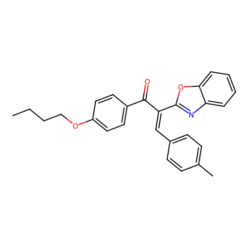 (2E)-2-benzoxazol-2-yl-1-(4-butoxyphenyl)-3-(4-methylphenyl)prop-2-en-1-one structure