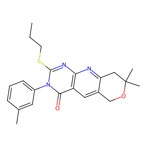 8,8-dimethyl-2-(propylthio)-3-(m-tolyl)-8,9-dihydro-3H-pyrano[3',4':5,6]pyrido[2,3-d]pyrimidin-4(6H)-one structure