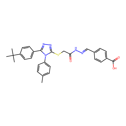 (E)-4-((2-(2-((5-(4-(tert-butyl)phenyl)-4-(p-tolyl)-4H-1,2,4-triazol-3-yl)thio)acetyl)hydrazono)methyl)benzoic acid structure