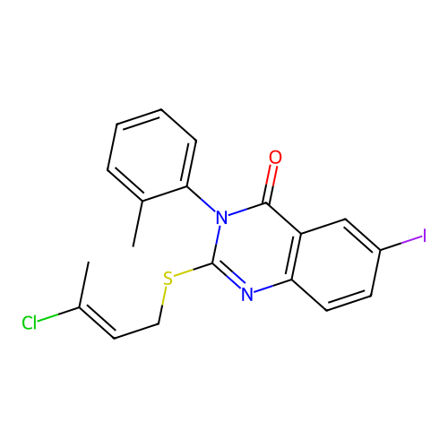 2-(3-chlorobut-2-enylsulfanyl)-6-iodo-3-(2-methylphenyl)quinazolin-4-one structure