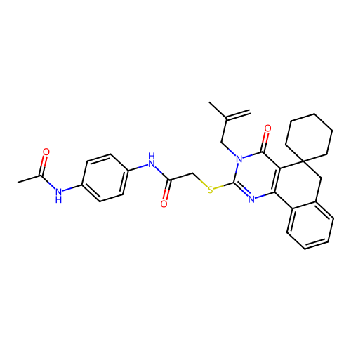 N-(4-acetamidophenyl)-2-((3-(2-methylallyl)-4-oxo-4,6-dihydro-3H-spiro[benzo[h]quinazoline-5,1'-cyclohexan]-2-yl)thio)acetamide structure