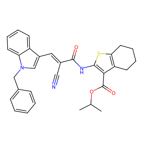 (E)-isopropyl 2-(3-(1-benzyl-1H-indol-3-yl)-2-cyanoacrylamido)-4,5,6,7-tetrahydrobenzo[b]thiophene-3-carboxylate structure