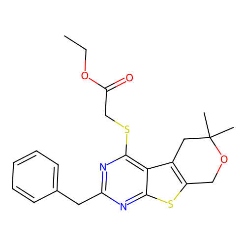 ethyl [(2-benzyl-6,6-dimethyl-5,8-dihydro-6H-pyrano[4',3':4,5]thieno[2,3-d]pyrimidin-4-yl)sulfanyl]acetate structure