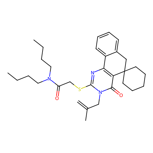 N,N-dibutyl-2-((3-(2-methylallyl)-4-oxo-4,6-dihydro-3H-spiro[benzo[h]quinazoline-5,1'-cyclohexan]-2-yl)thio)acetamide structure