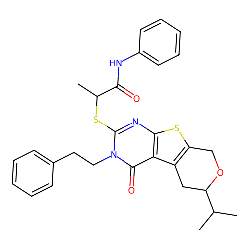 2-((6-isopropyl-4-oxo-3-phenethyl-4,5,6,8-tetrahydro-3H-pyrano[4',3':4,5]thieno[2,3-d]pyrimidin-2-yl)thio)-N-phenylpropanamide structure