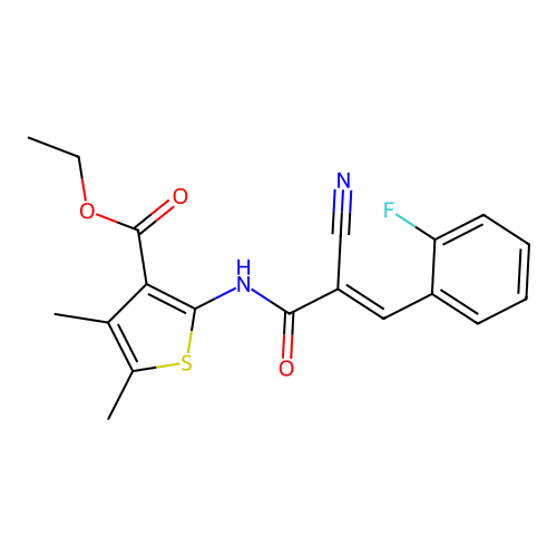 (E)-ethyl 2-(2-cyano-3-(2-fluorophenyl)acrylamido)-4,5-dimethylthiophene-3-carboxylate structure