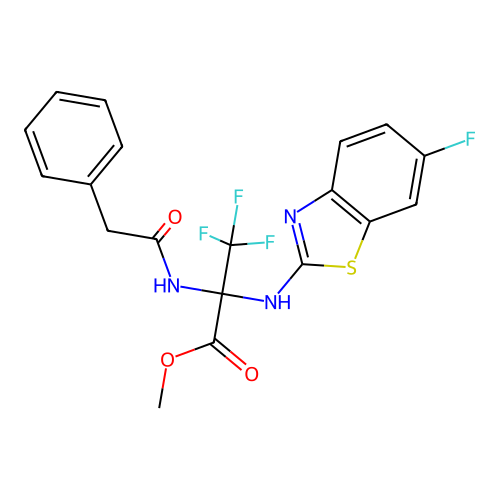 (S)-methyl 3,3,3-trifluoro-2-((6-fluorobenzo[d]thiazol-2-yl)amino)-2-(2-phenylacetamido)propanoate structure