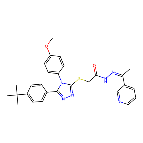 (Z)-2-((5-(4-(tert-butyl)phenyl)-4-(4-methoxyphenyl)-4H-1,2,4-triazol-3-yl)thio)-N'-(1-(pyridin-3-yl)ethylidene)acetohydrazide structure