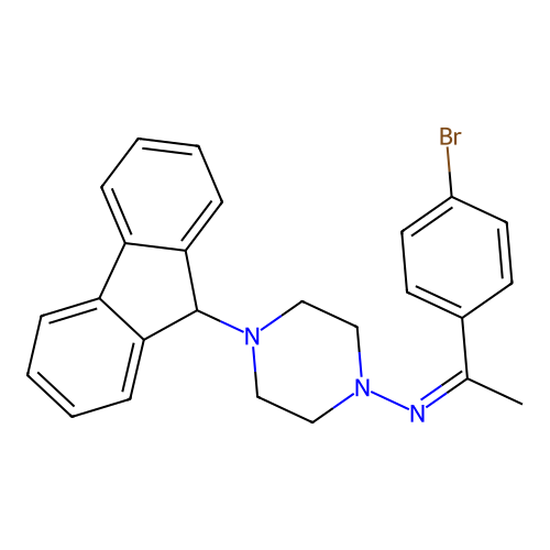 N-[(1Z)-1-(4-bromophenyl)ethylidene]-4-(9H-fluoren-9-yl)piperazin-1-amine structure