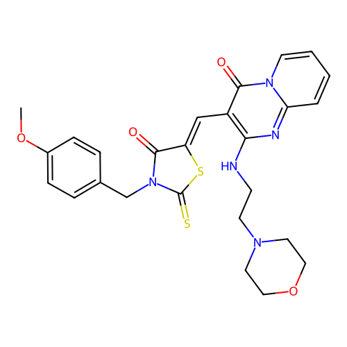 (5Z)-3-[(4-methoxyphenyl)methyl]-5-[[2-(2-morpholin-4-ylethylamino)-4-oxopyrido[1,2-a]pyrimidin-3-yl]methylidene]-2-sulfanylidene-1,3-thiazolidin-4-one structure