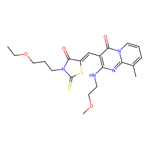 3-{(Z)-[3-(3-ethoxypropyl)-4-oxo-2-thioxo-1,3-thiazolidin-5-ylidene]methyl}-2-[(2-methoxyethyl)amino]-9-methyl-4H-pyrido[1,2-a]pyrimidin-4-one structure