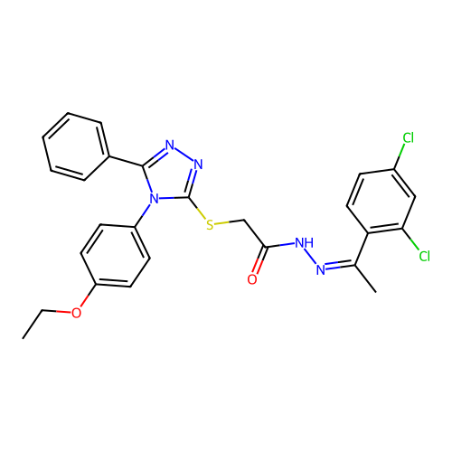 (Z)-N'-(1-(2,4-dichlorophenyl)ethylidene)-2-((4-(4-ethoxyphenyl)-5-phenyl-4H-1,2,4-triazol-3-yl)thio)acetohydrazide structure