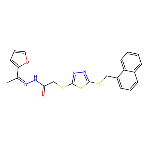 (Z)-N'-(1-(furan-2-yl)ethylidene)-2-((5-((naphthalen-1-ylmethyl)thio)-1,3,4-thiadiazol-2-yl)thio)acetohydrazide structure