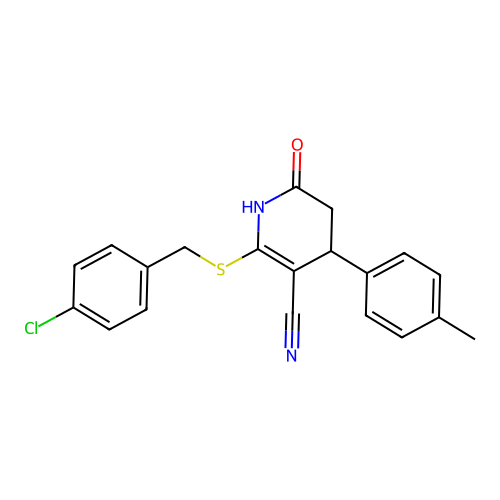 2-((4-chlorobenzyl)thio)-6-oxo-4-(p-tolyl)-1,4,5,6-tetrahydropyridine-3-carbonitrile structure