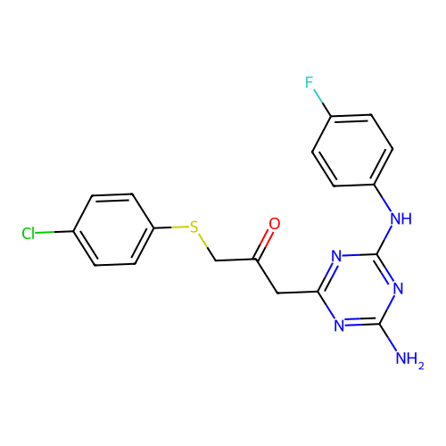 1-{4-amino-6-[(4-fluorophenyl)amino]-1,3,5-triazin-2-yl}-3-[(4-chlorophenyl)sulfanyl]propan-2-one structure