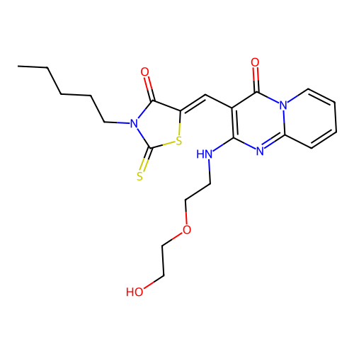 (5Z)-5-[[2-[2-(2-hydroxyethoxy)ethylamino]-4-oxopyrido[1,2-a]pyrimidin-3-yl]methylidene]-3-pentyl-2-sulfanylidene-1,3-thiazolidin-4-one structure