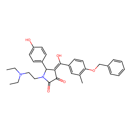 (4E)-1-(2-diethylaminoethyl)-4-[hydroxy-(3-methyl-4-phenylmethoxyphenyl)methylidene]-5-(4-hydroxyphenyl)pyrrolidine-2,3-dione structure