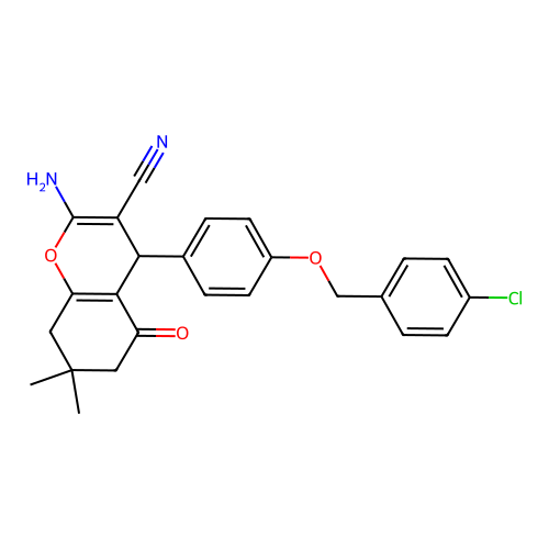 2-amino-4-(4-((4-chlorobenzyl)oxy)phenyl)-7,7-dimethyl-5-oxo-5,6,7,8-tetrahydro-4h-chromene-3-carbonitrile structure