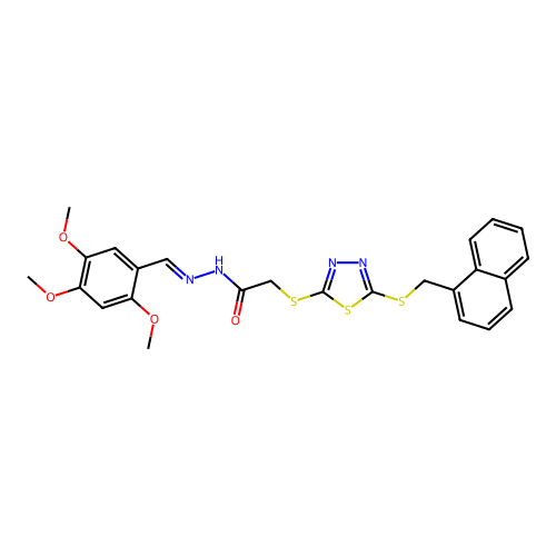 2-({5-[(naphthalen-1-ylmethyl)sulfanyl]-1,3,4-thiadiazol-2-yl}sulfanyl)-N'-[(E)-(2,4,5-trimethoxyphenyl)methylidene]acetohydrazide structure