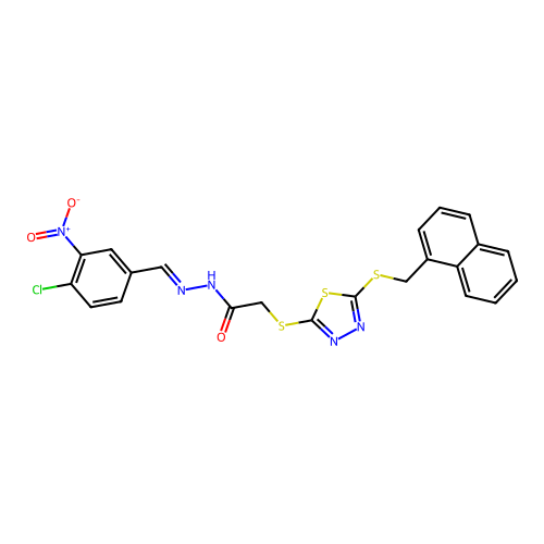 N'-[(E)-(4-chloro-3-nitrophenyl)methylidene]-2-({5-[(naphthalen-1-ylmethyl)sulfanyl]-1,3,4-thiadiazol-2-yl}sulfanyl)acetohydrazide structure