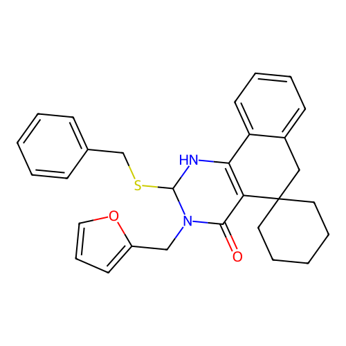 2-(benzylsulfanyl)-3-(furan-2-ylmethyl)-2,3-dihydro-1H-spiro[benzo[h]quinazoline-5,1'-cyclohexan]-4(6H)-one structure