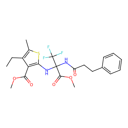 (S)-methyl 4-ethyl-5-methyl-2-((1,1,1-trifluoro-3-methoxy-3-oxo-2-(3-phenylpropanamido)propan-2-yl)amino)thiophene-3-carboxylate structure