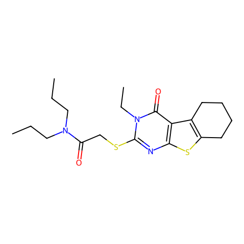 2-((3-ethyl-4-oxo-3,4,5,6,7,8-hexahydrobenzo[4,5]thieno[2,3-d]pyrimidin-2-yl)thio)-N,N-dipropylacetamide structure