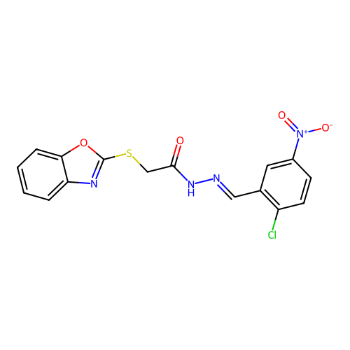 (E)-2-(benzo[d]oxazol-2-ylthio)-N'-(2-chloro-5-nitrobenzylidene)acetohydrazide structure