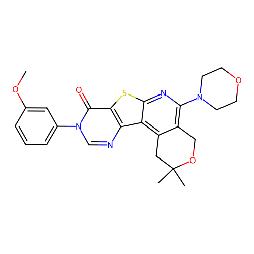 9-(3-methoxyphenyl)-2,2-dimethyl-5-(morpholin-4-yl)-1,4-dihydro-2H-pyrano[4'',3'':4',5']pyrido[3',2':4,5]thieno[3,2-d]pyrimidin-8(9H)-one structure