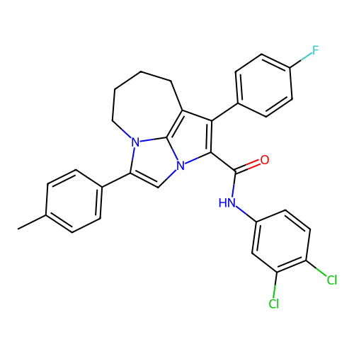 N-(3,4-dichlorophenyl)-1-(4-fluorophenyl)-4-(4-methylphenyl)-5,6,7,8-tetrahydro-2a,4a-diazacyclopenta[cd]azulene-2-carboxamide structure