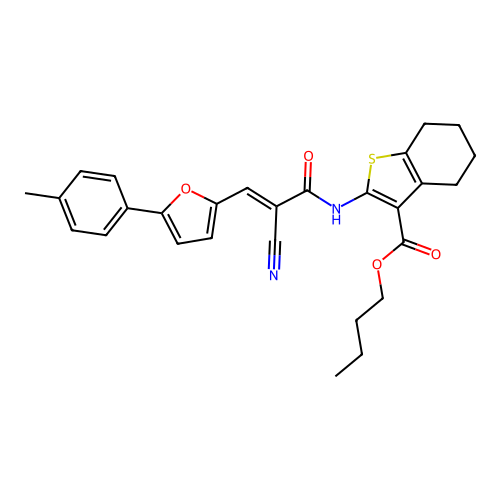 (E)-butyl 2-(2-cyano-3-(5-(p-tolyl)furan-2-yl)acrylamido)-4,5,6,7-tetrahydrobenzo[b]thiophene-3-carboxylate structure