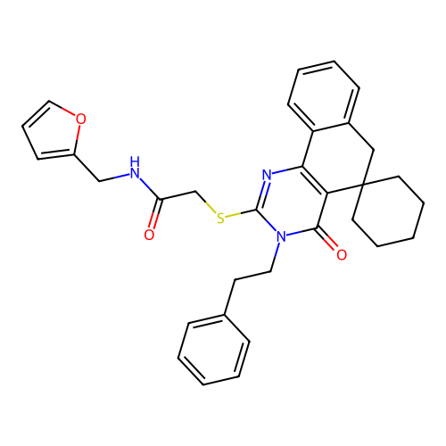 N-(furan-2-ylmethyl)-2-((4-oxo-3-phenethyl-4,6-dihydro-3H-spiro[benzo[h]quinazoline-5,1'-cyclohexan]-2-yl)thio)acetamide structure
