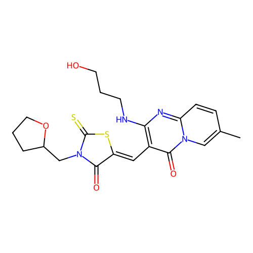 2-[(3-hydroxypropyl)amino]-7-methyl-3-{(Z)-[4-oxo-3-(tetrahydrofuran-2-ylmethyl)-2-thioxo-1,3-thiazolidin-5-ylidene]methyl}-4H-pyrido[1,2-a]pyrimidin-4-one structure
