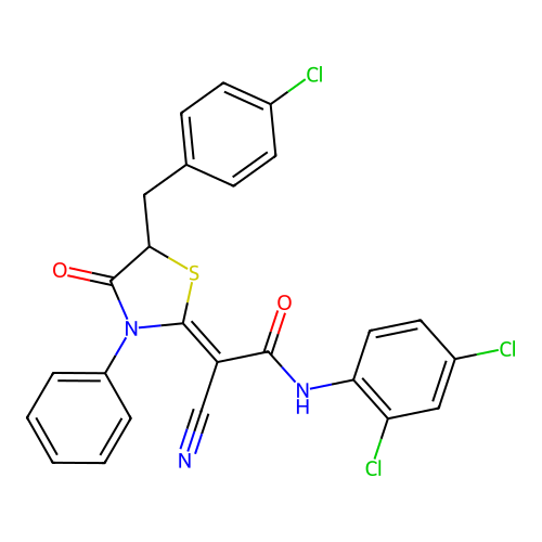 (2Z)-2-[5-(4-chlorobenzyl)-4-oxo-3-phenyl-1,3-thiazolidin-2-ylidene]-2-cyano-N-(2,4-dichlorophenyl)ethanamide structure