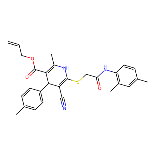 allyl 5-cyano-6-((2-((2,4-dimethylphenyl)amino)-2-oxoethyl)thio)-2-methyl-4-(p-tolyl)-1,4-dihydropyridine-3-carboxylate structure